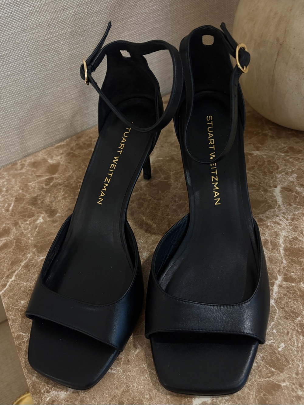 Stuart Weitzman Black Leather Square-Toe Ankle-Strap Heels